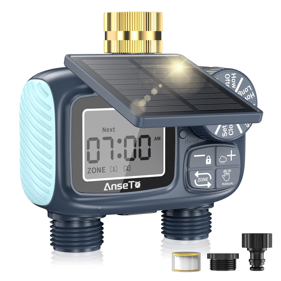AnseTo solar sprinkler timer with adjustable solar panel angle for steady irrigation.