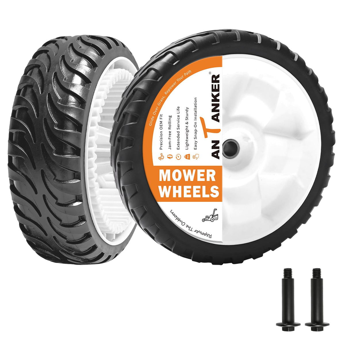 Antanker 8in front drive wheels for Toro Recycler provide sturdy traction for smooth mowing.