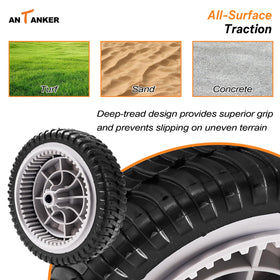 Antanker deep tread enhances traction on uneven lawns.
