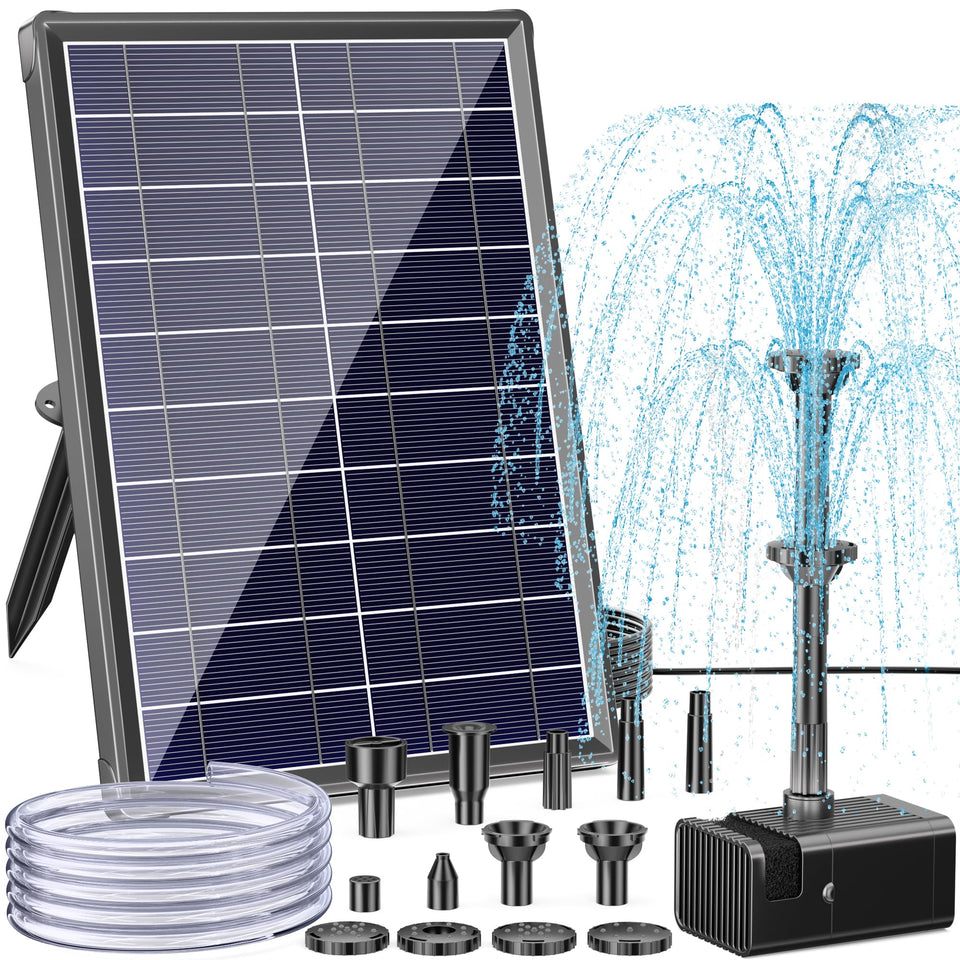 Antfraer solar fountain pump with 8W panel powering a steady water display in sun