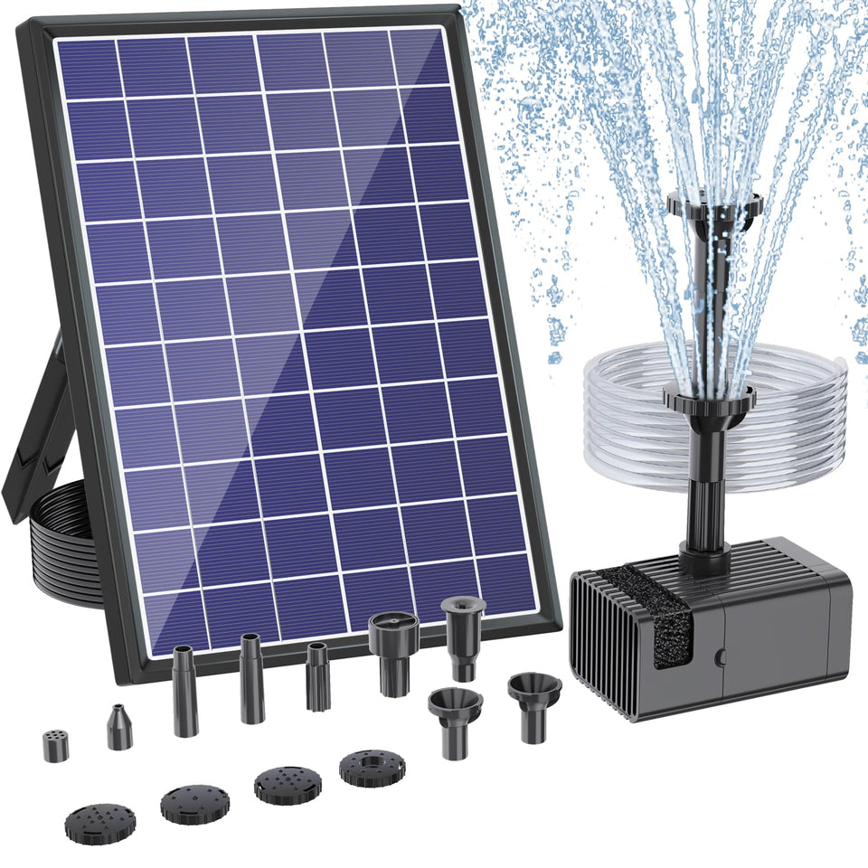Antfraer solar panel view powering a bird bath fountain in bright sun