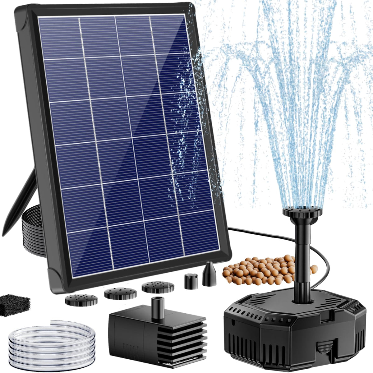 Antfraer solar pond filter pump in sunlight powering a decorative water feature