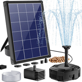 Antfraer solar pond filter pump in sunlight powering a decorative water feature