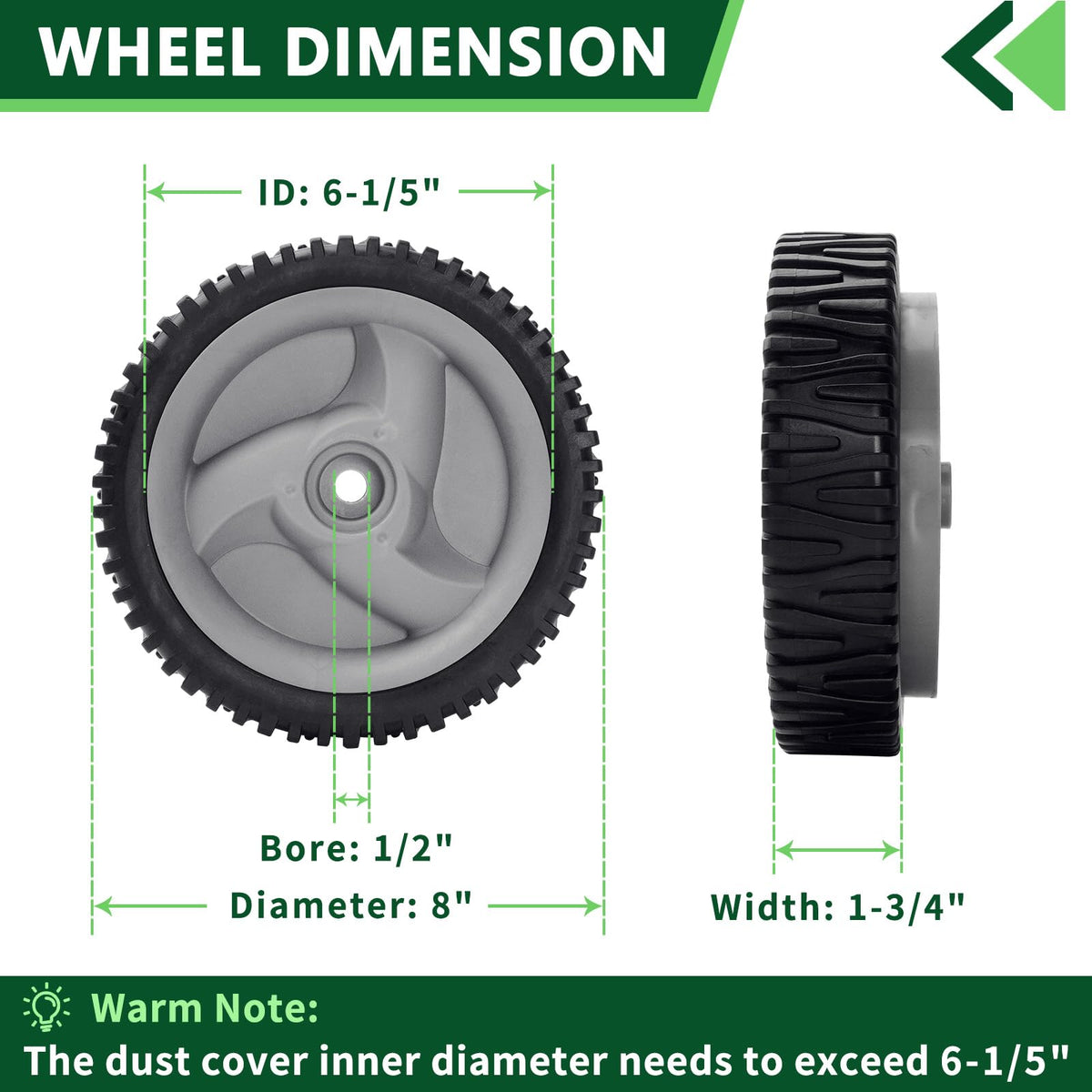 AntiyL wheel 8in side view for Craftsman Husqvarna, smooth operation