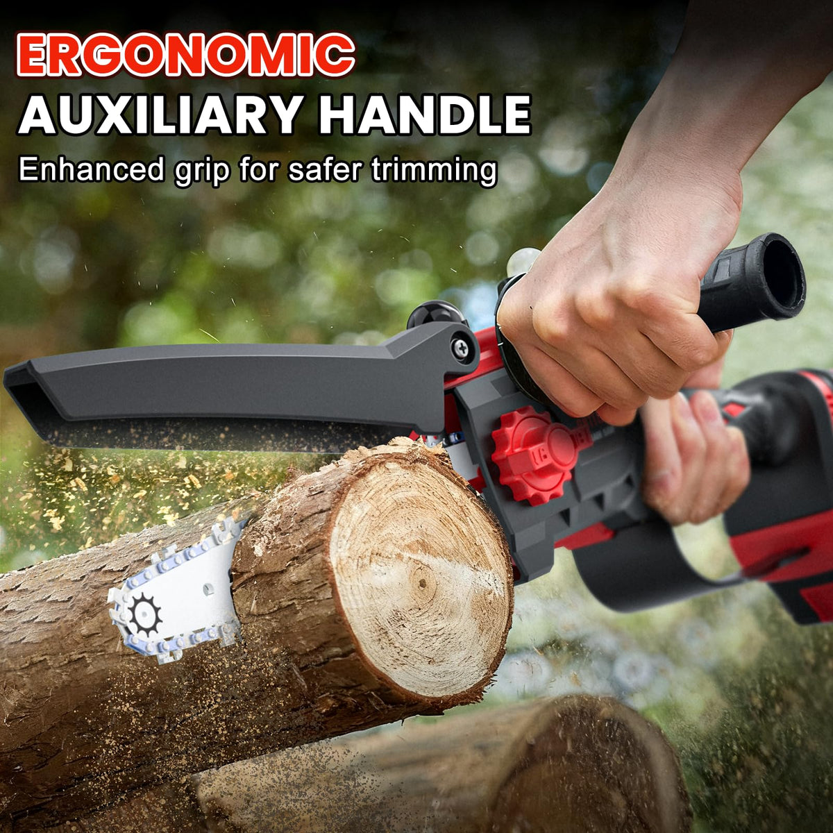 Anttctig ergonomic auxiliary handle for comfortable trimming.