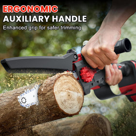 Anttctig ergonomic auxiliary handle for comfortable trimming.