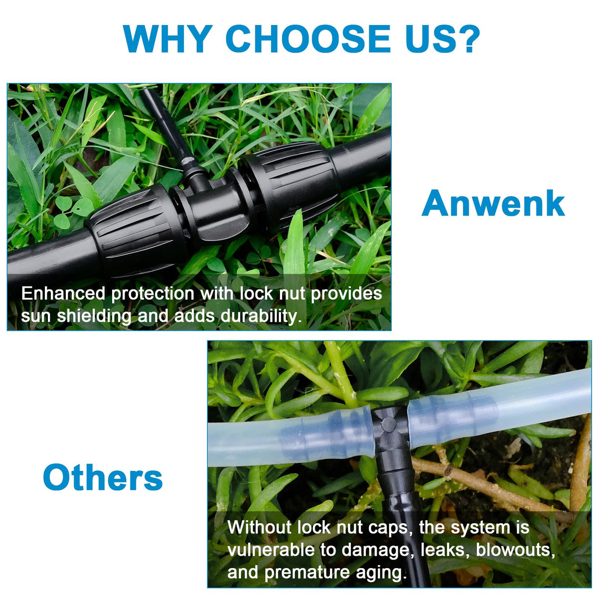 Anwenk irrigation fittings resist UV and weather for long-lasting use.