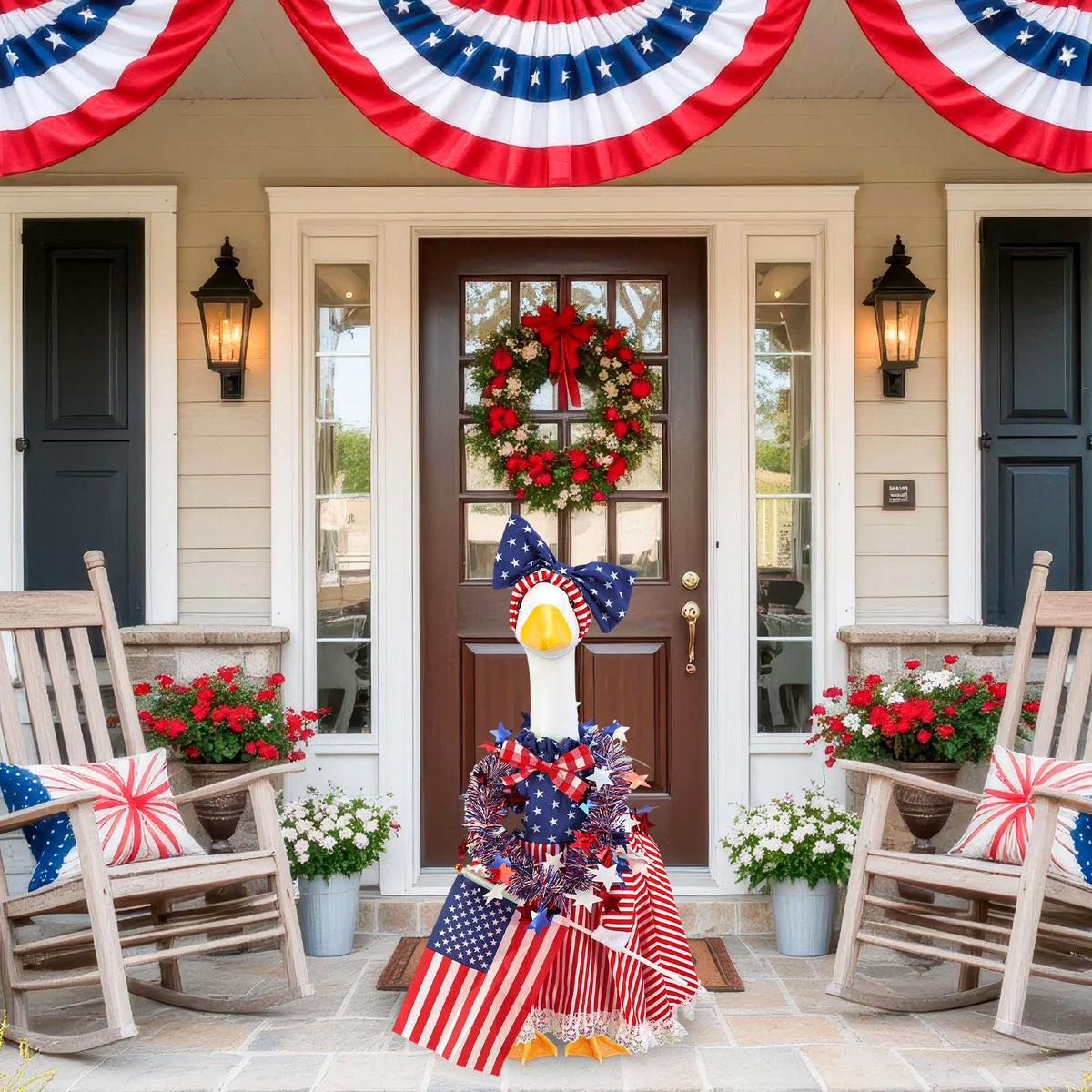 AnyDesign patriotic goose garland adds eye-catching detail around the statue.