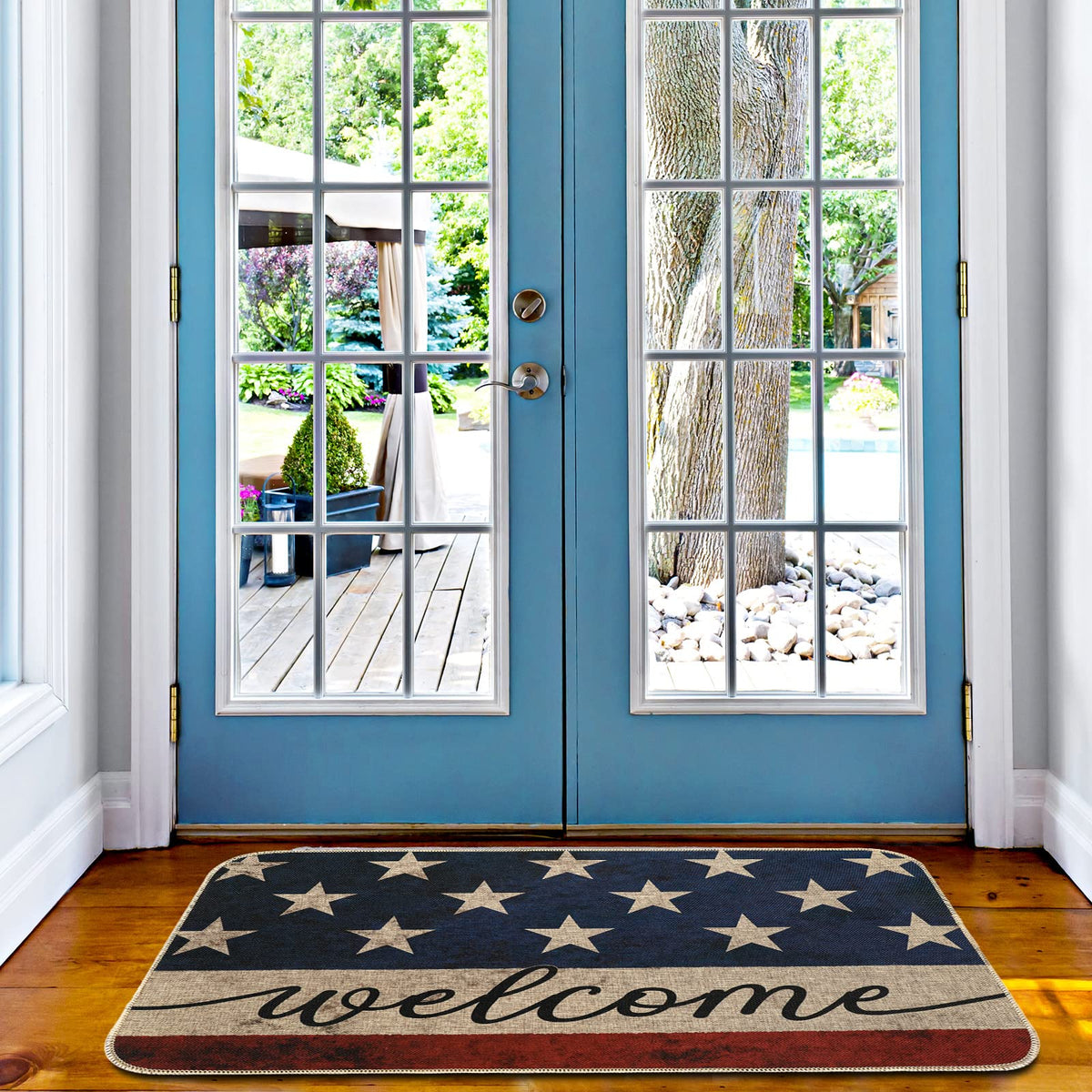 AnyDesign Patriotic Welcome Doormat brightens the front porch with patriotic style.
