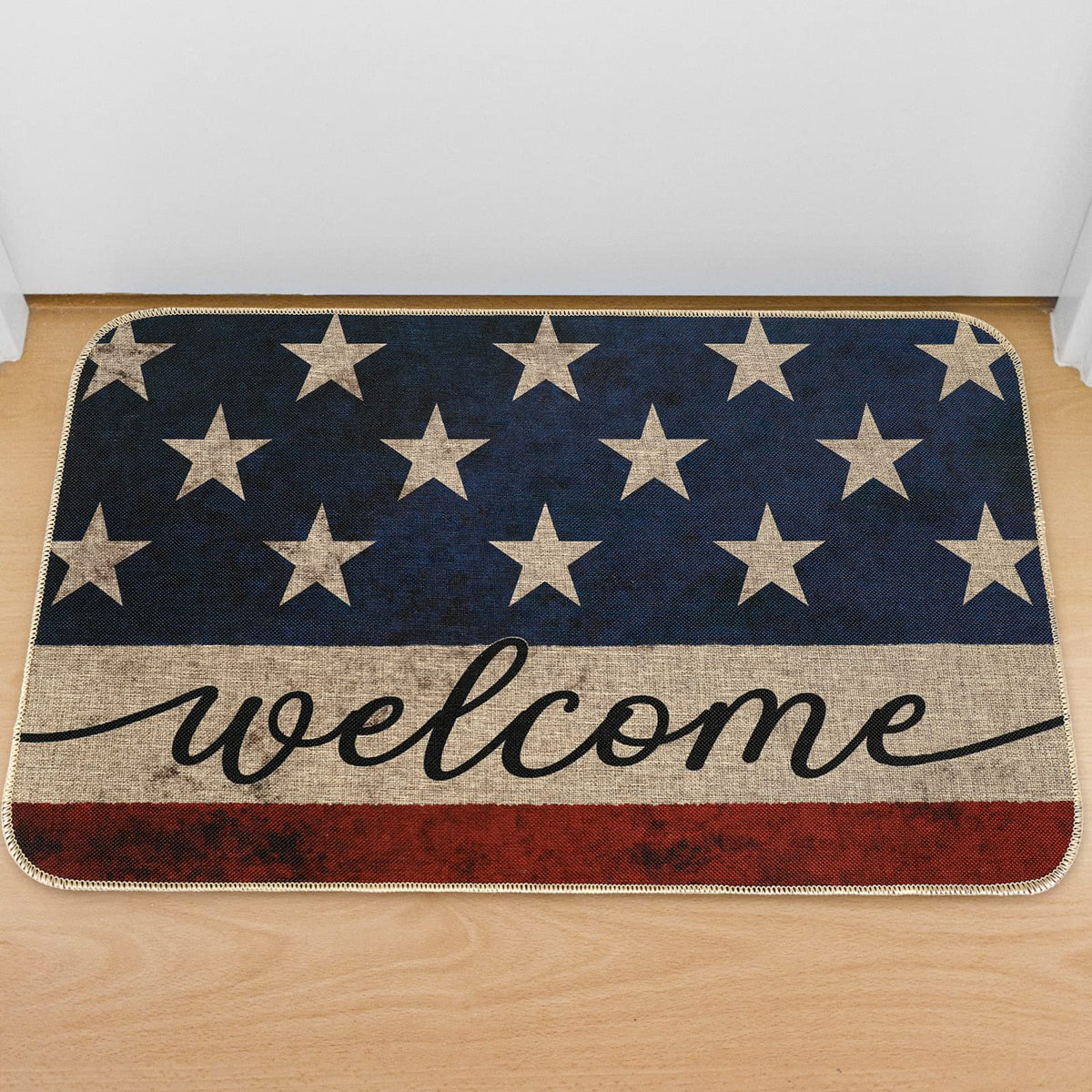 AnyDesign Patriotic Welcome Doormat with linen top and rubber backing guards floors.