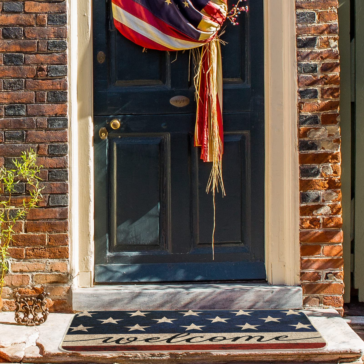 AnyDesign Patriotic Welcome Doormat features vintage stars and stripes for nostalgia.