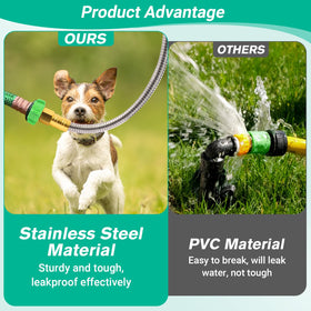 AnyEasy stainless steel hose resists kinks and punctures during outdoor use.