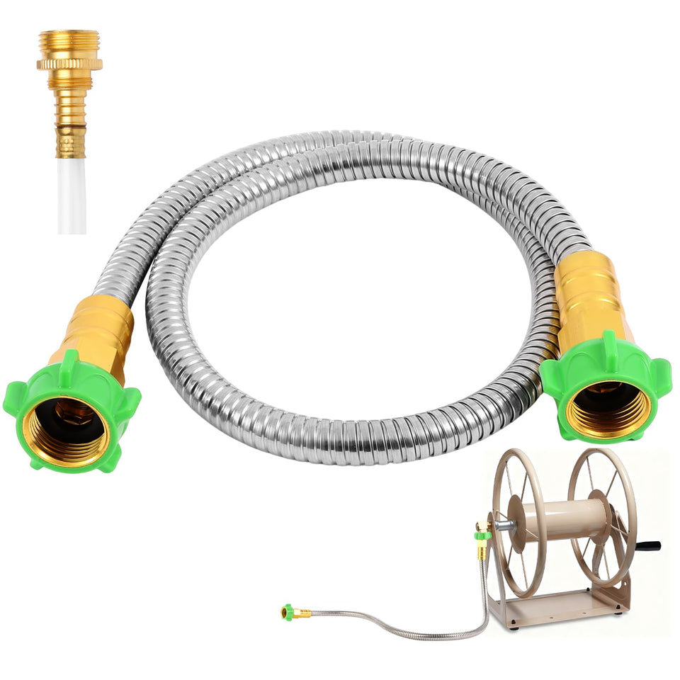 AnyEasy short metal hose with female-to-female connectors for quick, leak-free reel connections.