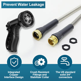 AnyEasy 100ft hose nozzle showing versatile 10-pattern options for watering and cleaning.