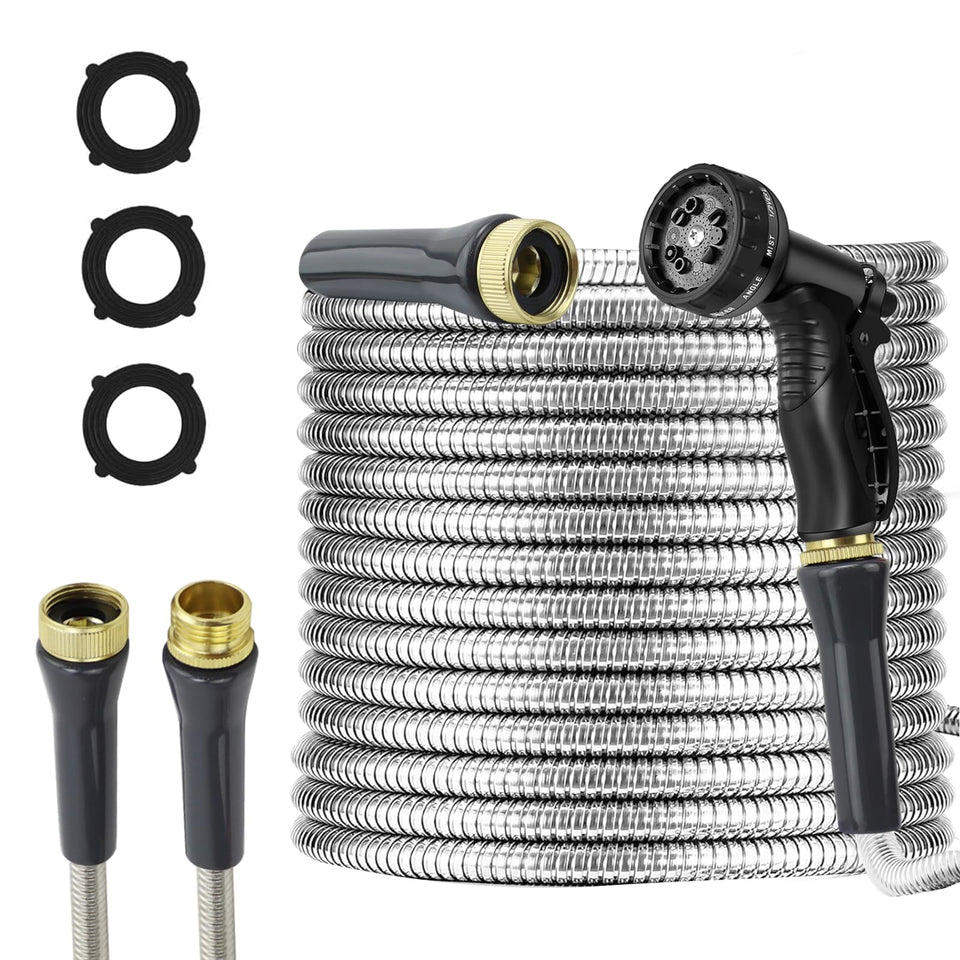 AnyEasy stainless steel garden hose 75ft coiled for easy watering and storage