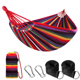 ANYOO cotton hammock hanging setup for easy backyard relaxation.