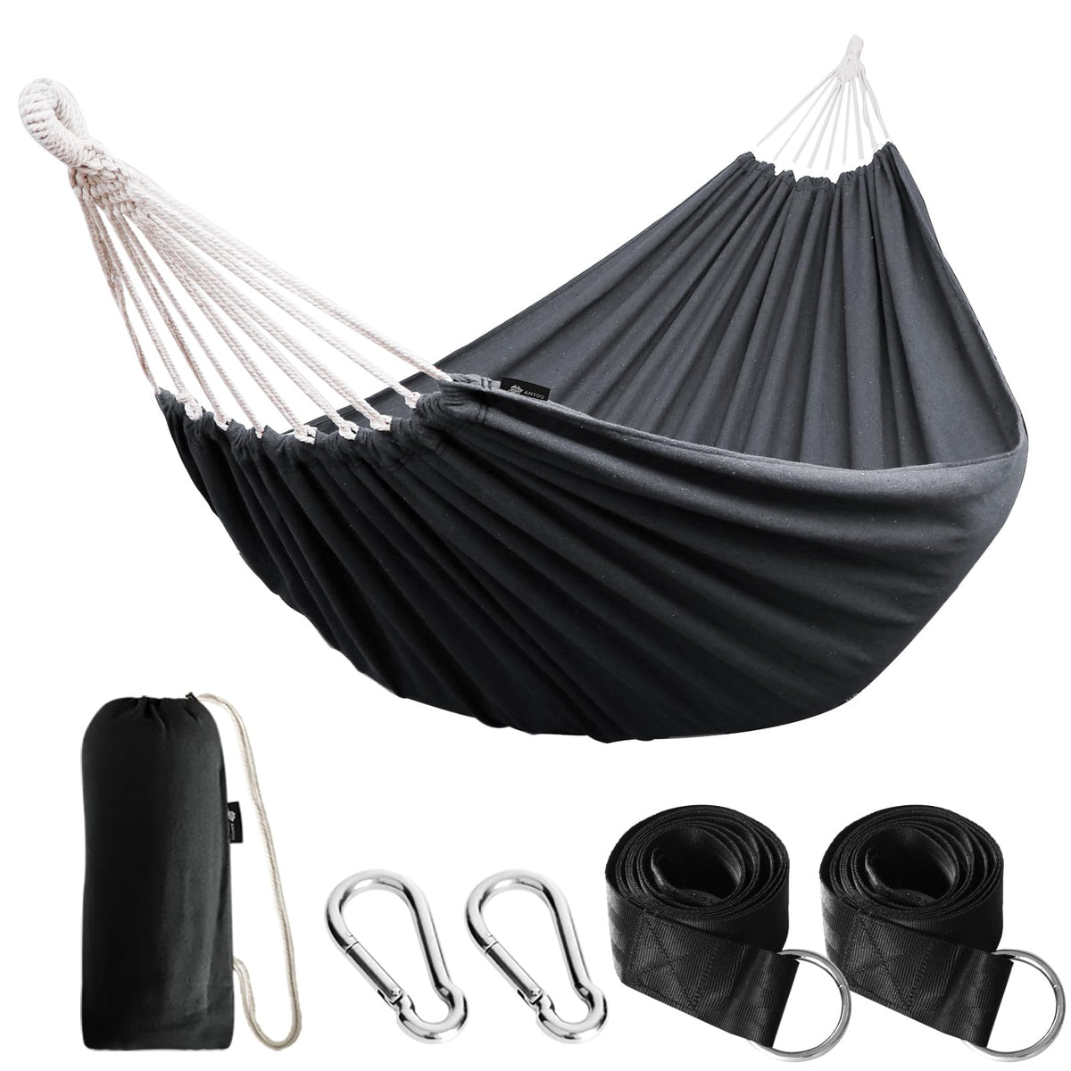 ANYOO cotton hammock ready for outdoor adventures with included travel bag.