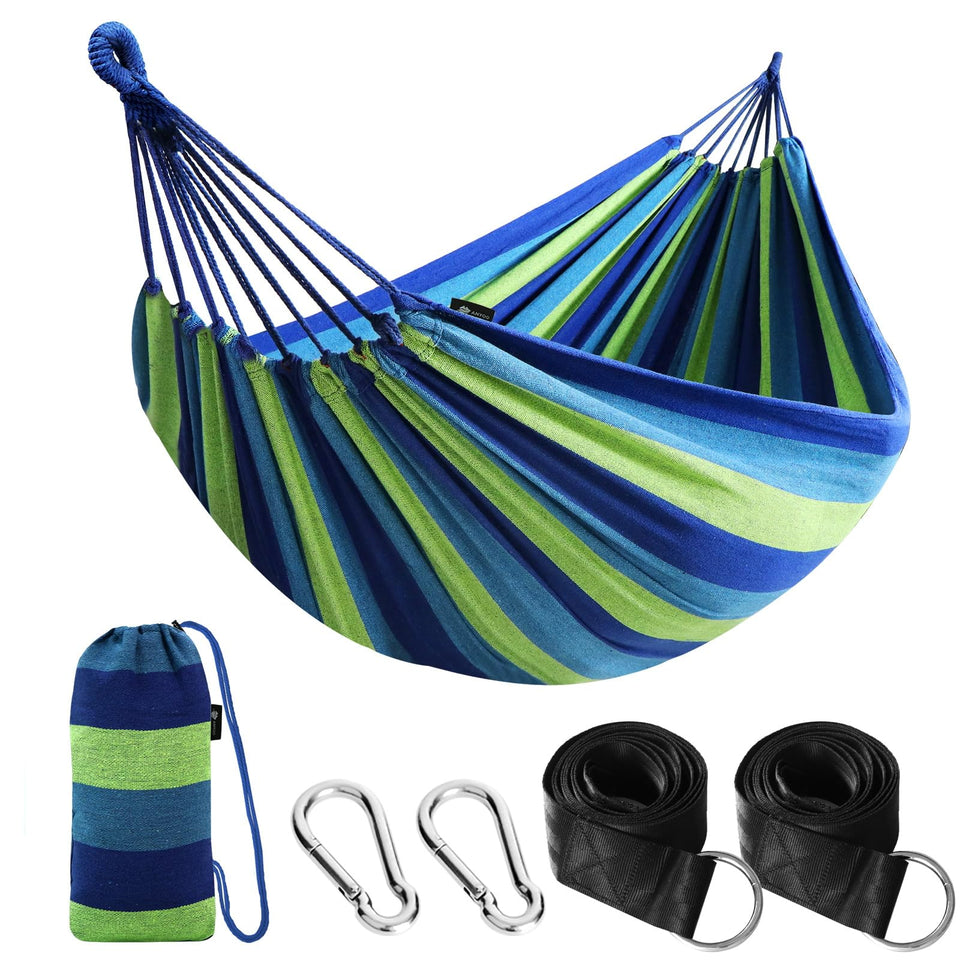 ANYOO cotton hammock setup between trees shows easy assembly and comfortable outdoor lounging