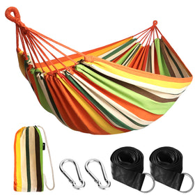 ANYOO cotton hammock setup with tree straps for quick outdoor hangs.