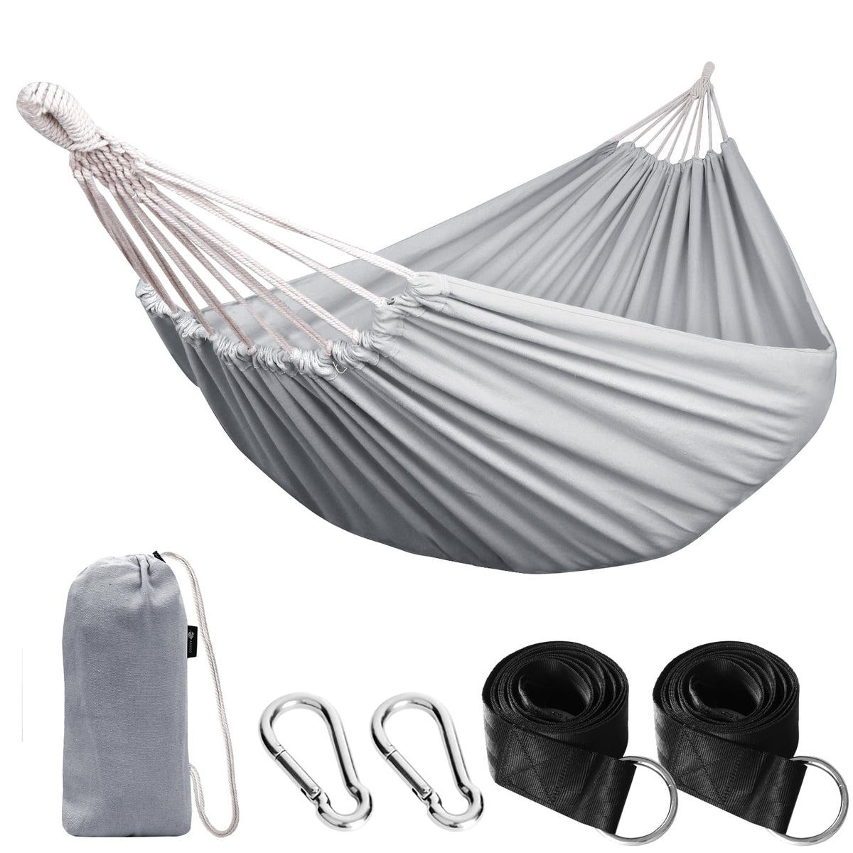 ANYOO cotton hammock with straps and carabiners for quick outdoor setup.