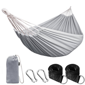 ANYOO cotton hammock with straps and carabiners for quick outdoor setup.