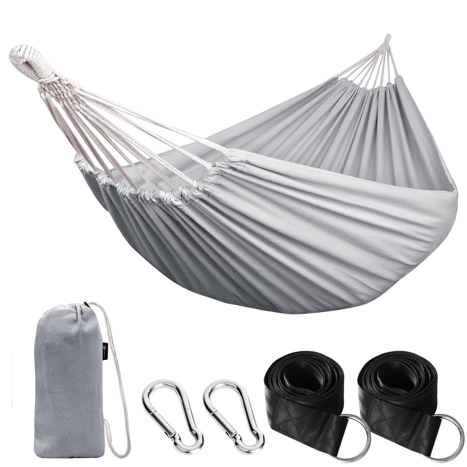 ANYOO cotton hammock with straps and carabiners for quick outdoor setup.