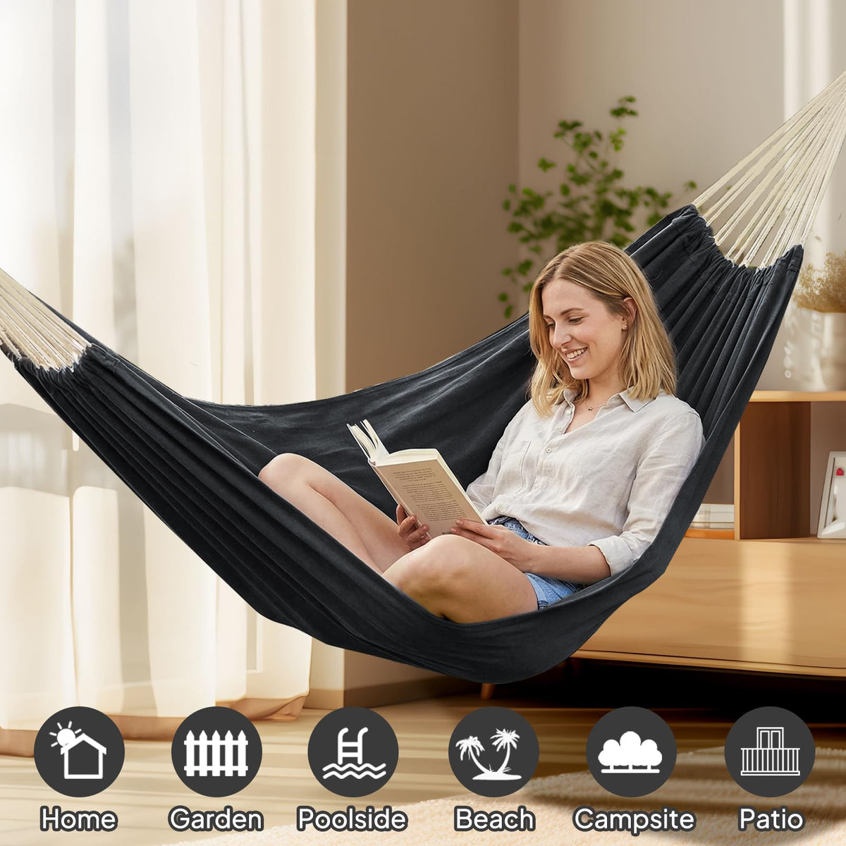 ANYOO portable hammock fits in its breathable bag for travel and camping.