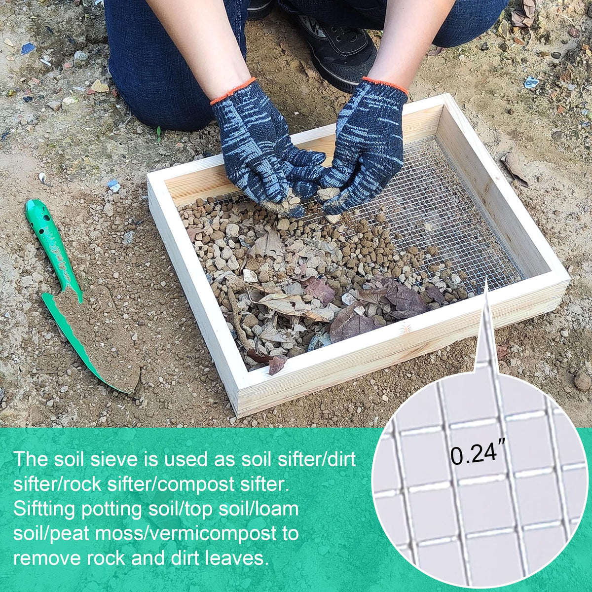 ANZHIRUOSU garden sifter filtering rocks and leaves from compost.