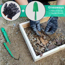 ANZHIRUOSU soil sifter in use with gloves and shovel.