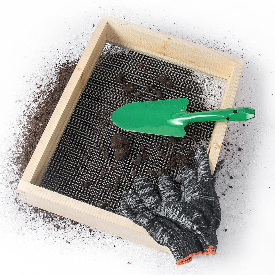 ANZHIRUOSU soil sifter: steel wire mesh close-up for debris removal.