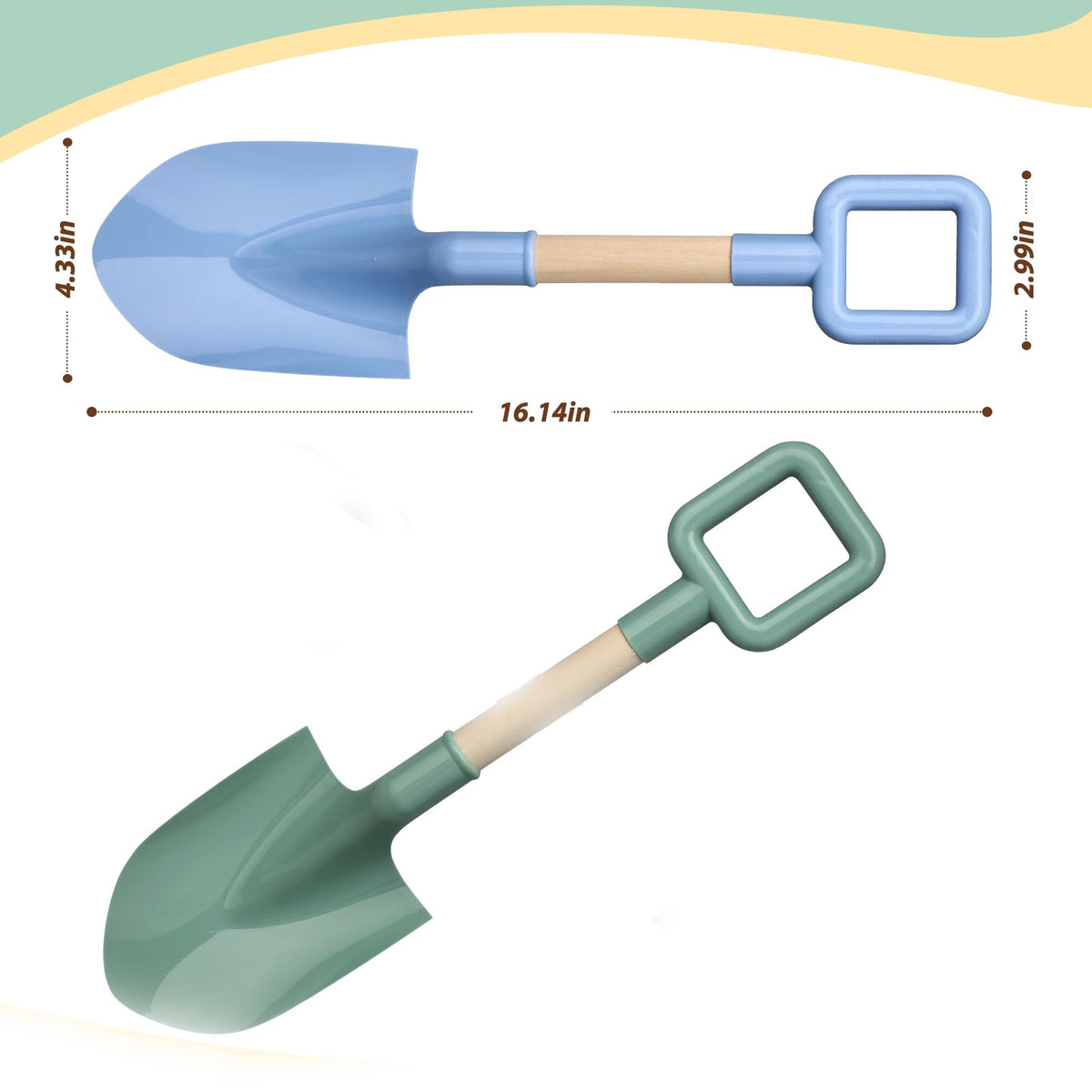 Anzmtosn kids enjoying sand with large shovels in bright colors.