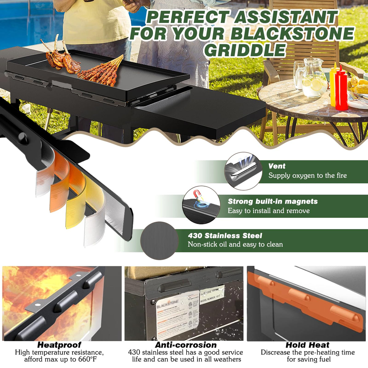 Aoanoko wind screen Blackstone 36 side-guards maintain even heat while grilling.