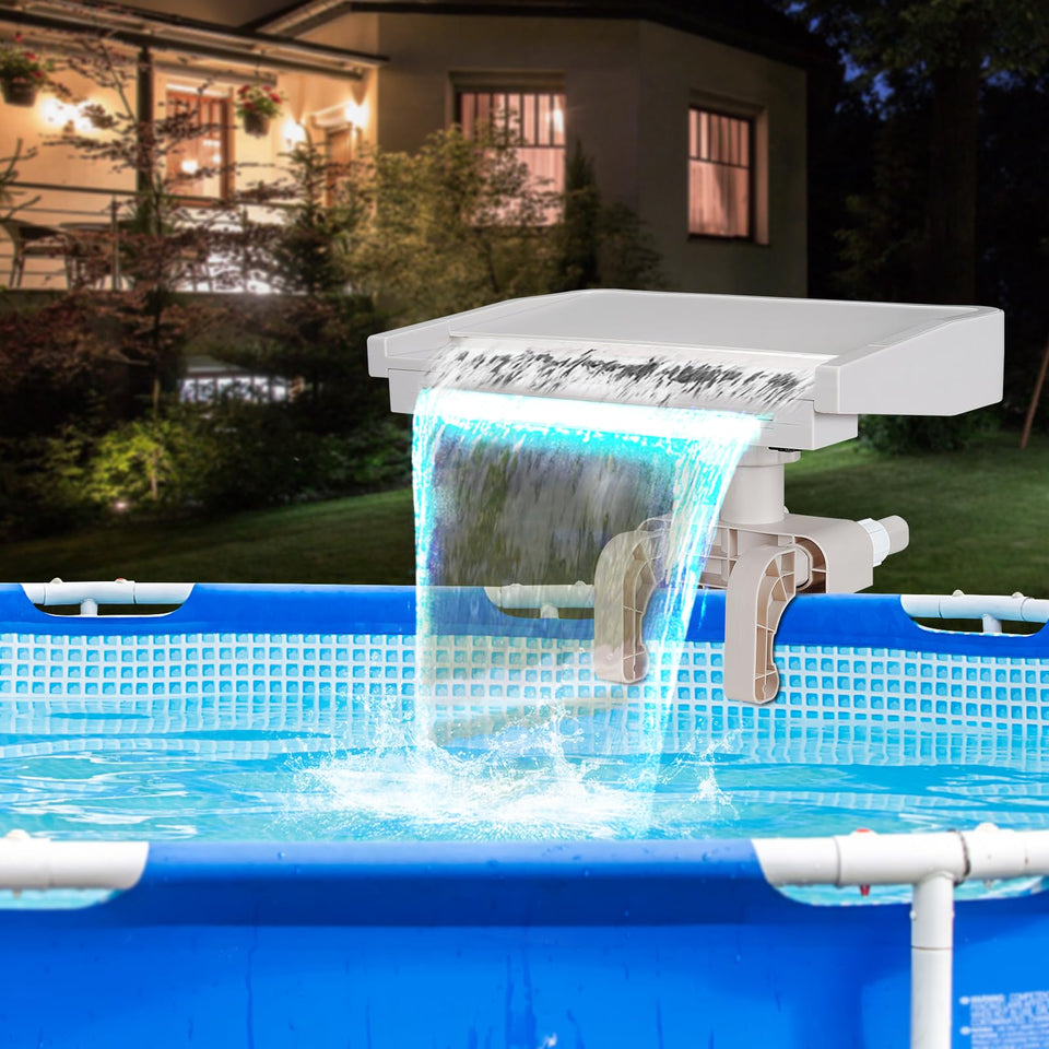 Aobiono pool fountain waterfall with LED lights creating a calming pool ambiance.