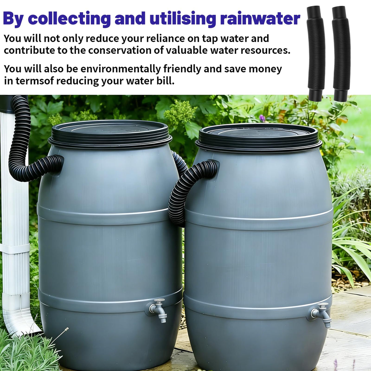 Aocies downspout diverter kit redirects runoff to storage for garden irrigation.