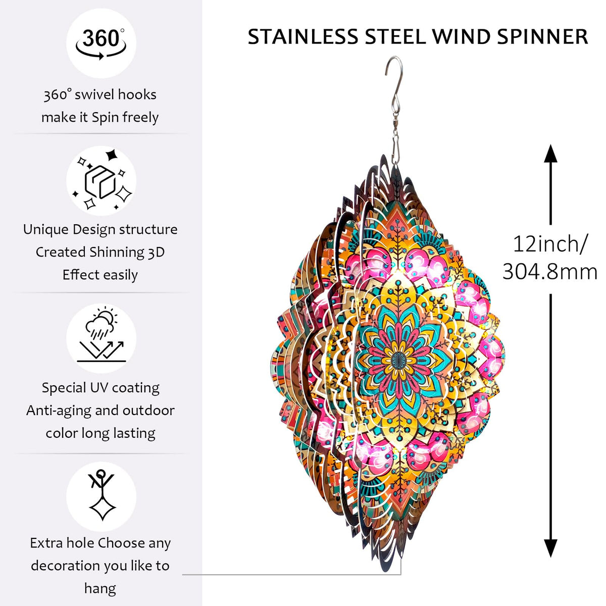 Aoedelyart laser-cut stainless steel wind spinner shows vivid reflections in sunlight.
