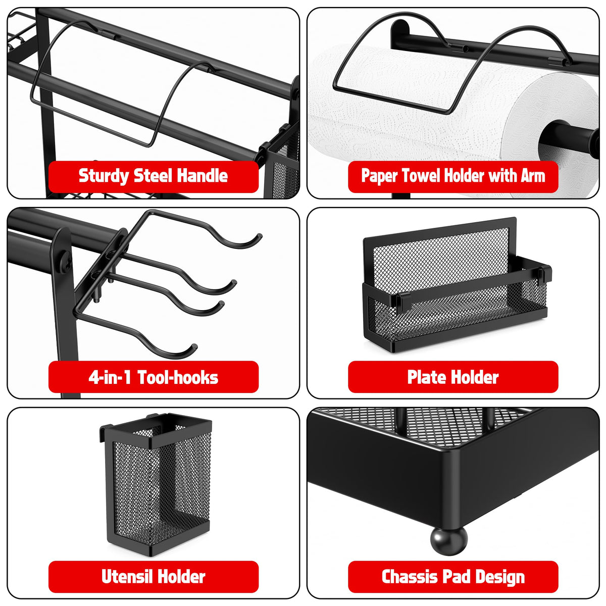 Aofmee Grill Caddy 4-in-1 hooks keep spatulas and tongs within reach.