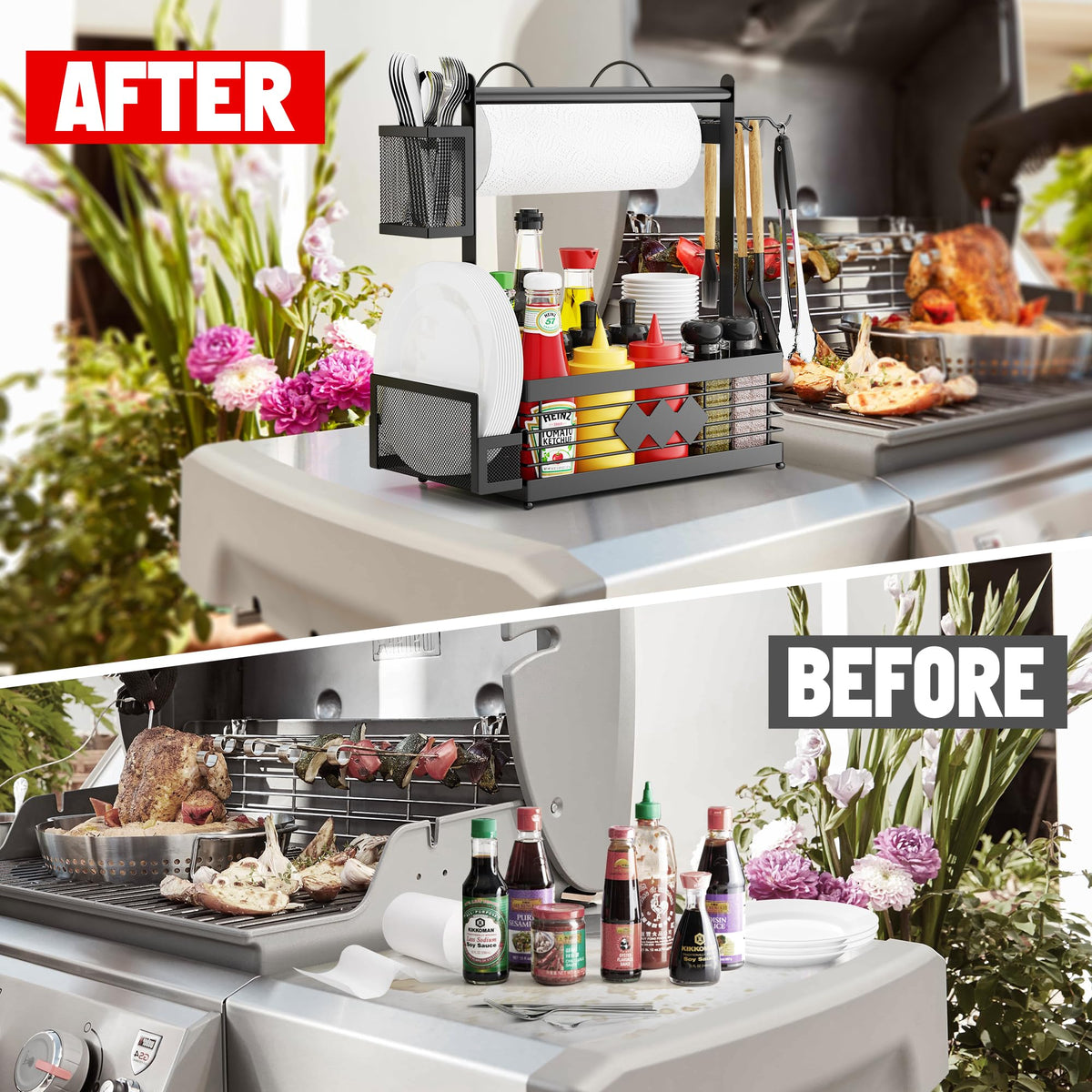 Aofmee Grill Caddy extra-large storage keeps tools, plates, and condiments organized.