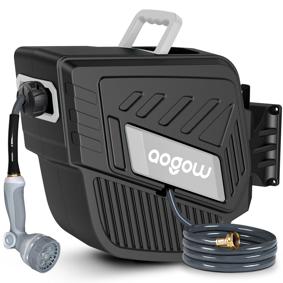 AOGOW wall-mount retractable hose reel for flexible reach and easy locking.