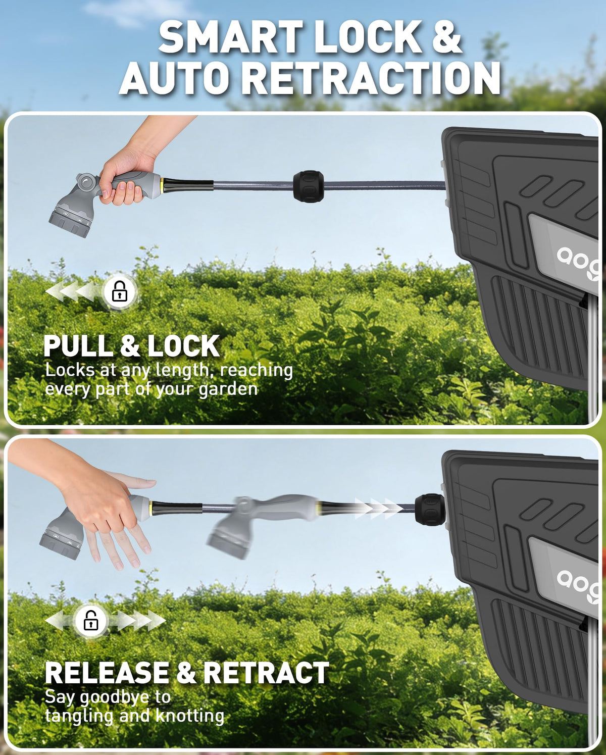 AOGOW retractable hose reel features slow auto-rewind to reduce tangles.