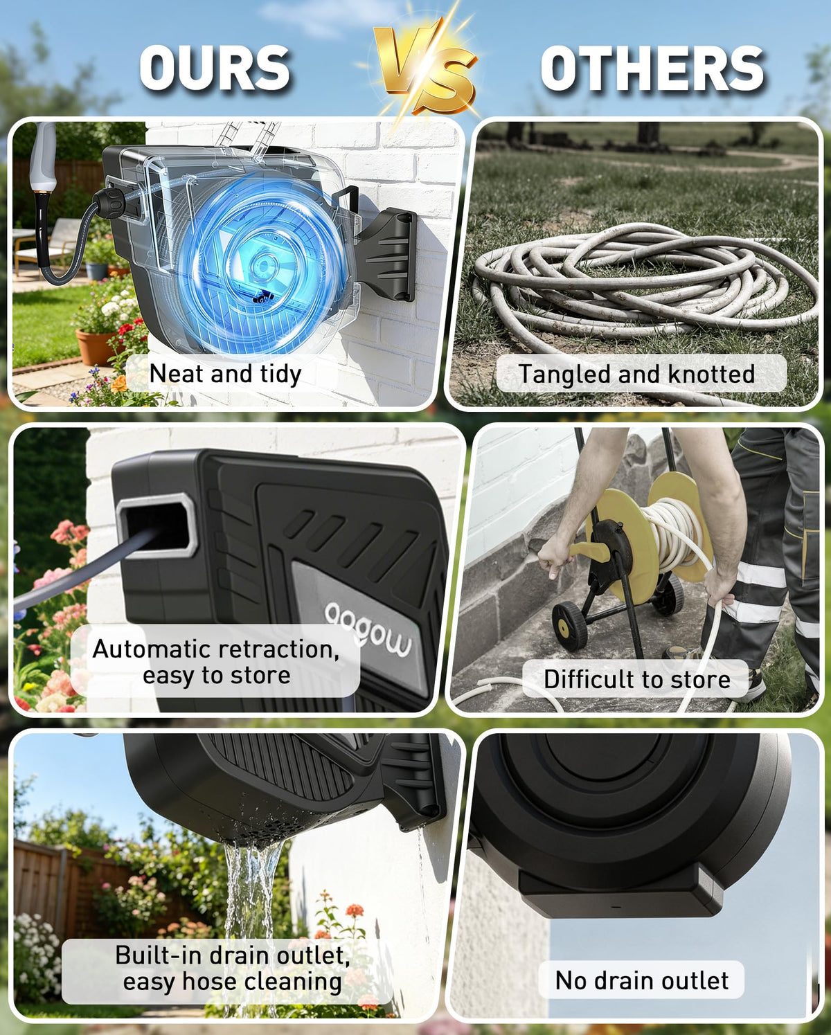 AOGOW weather-ready shell shields the hose reel in all seasons.