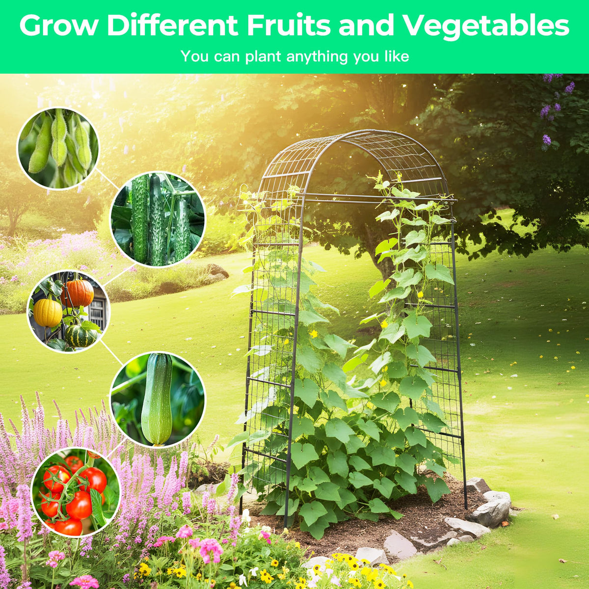 Aohanoi garden arch trellis supports cucumber, grapes, and tomatoes.