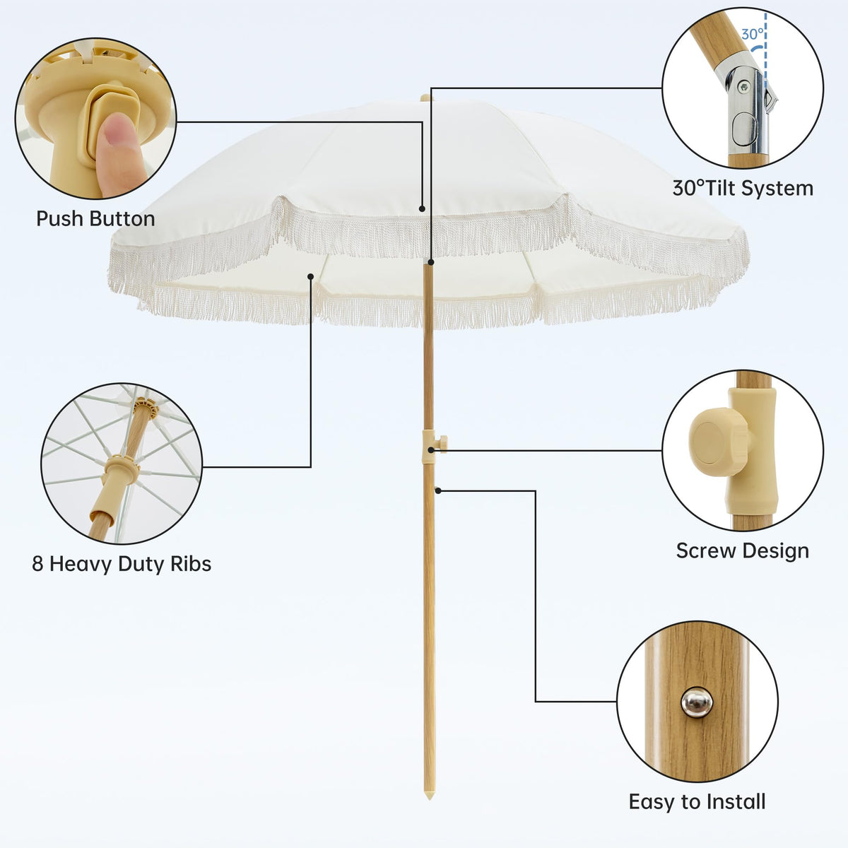 Aohanoi Patio Fringe Umbrella tilt button shown for easy angle shade.