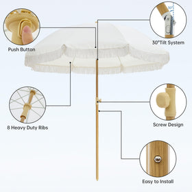 Aohanoi Patio Fringe Umbrella tilt button shown for easy angle shade.