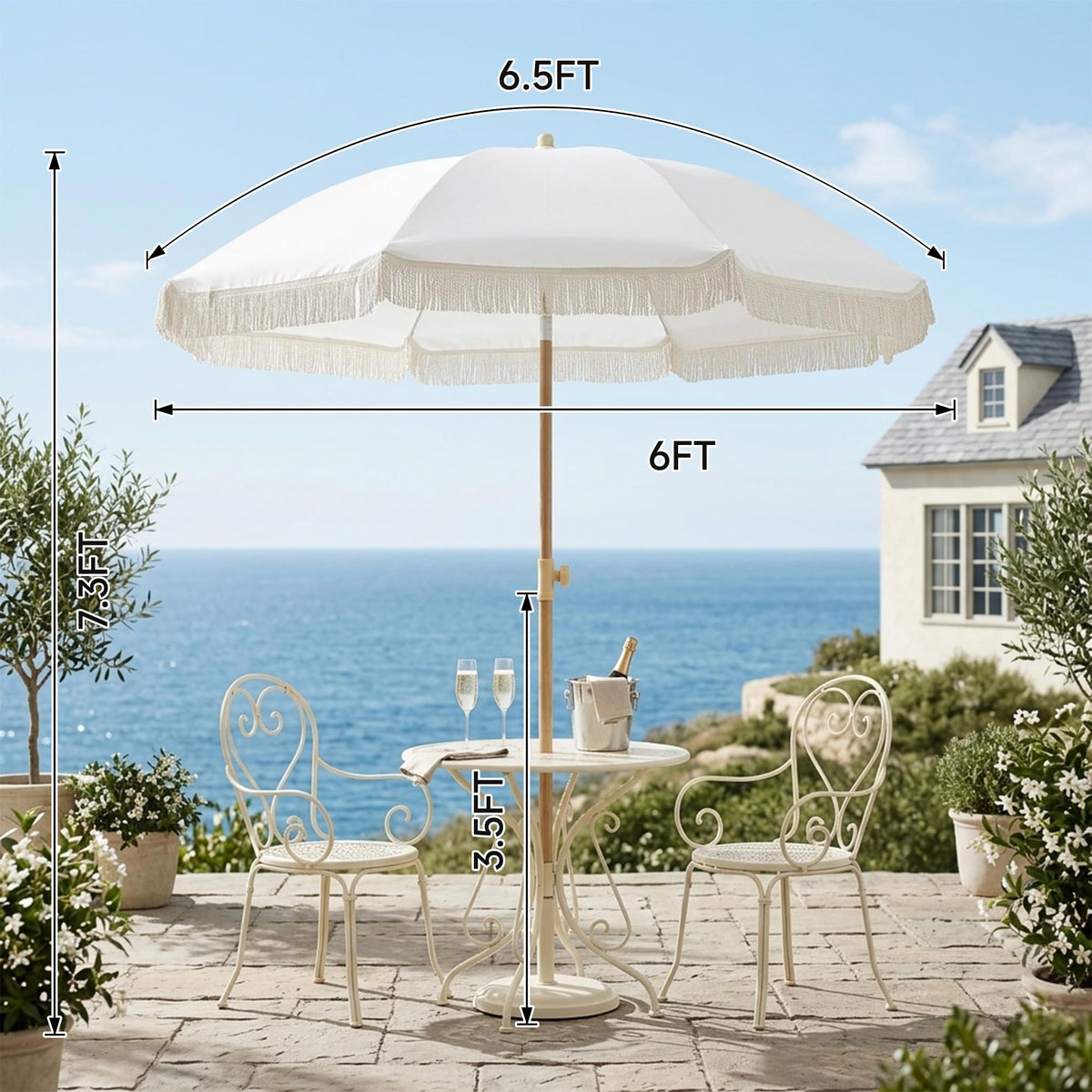 Aohanoi Patio Fringe Umbrella waterproof fabric protects you in light rain.