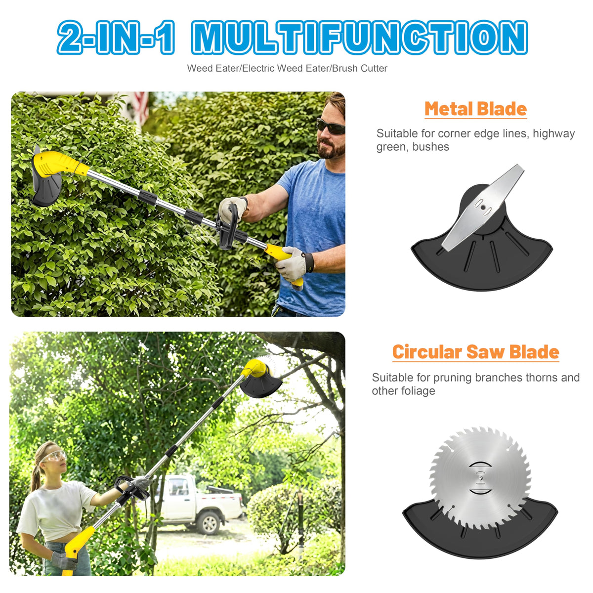 Aokia cordless grass trimmer with metal blade for thick weeds and hedges.