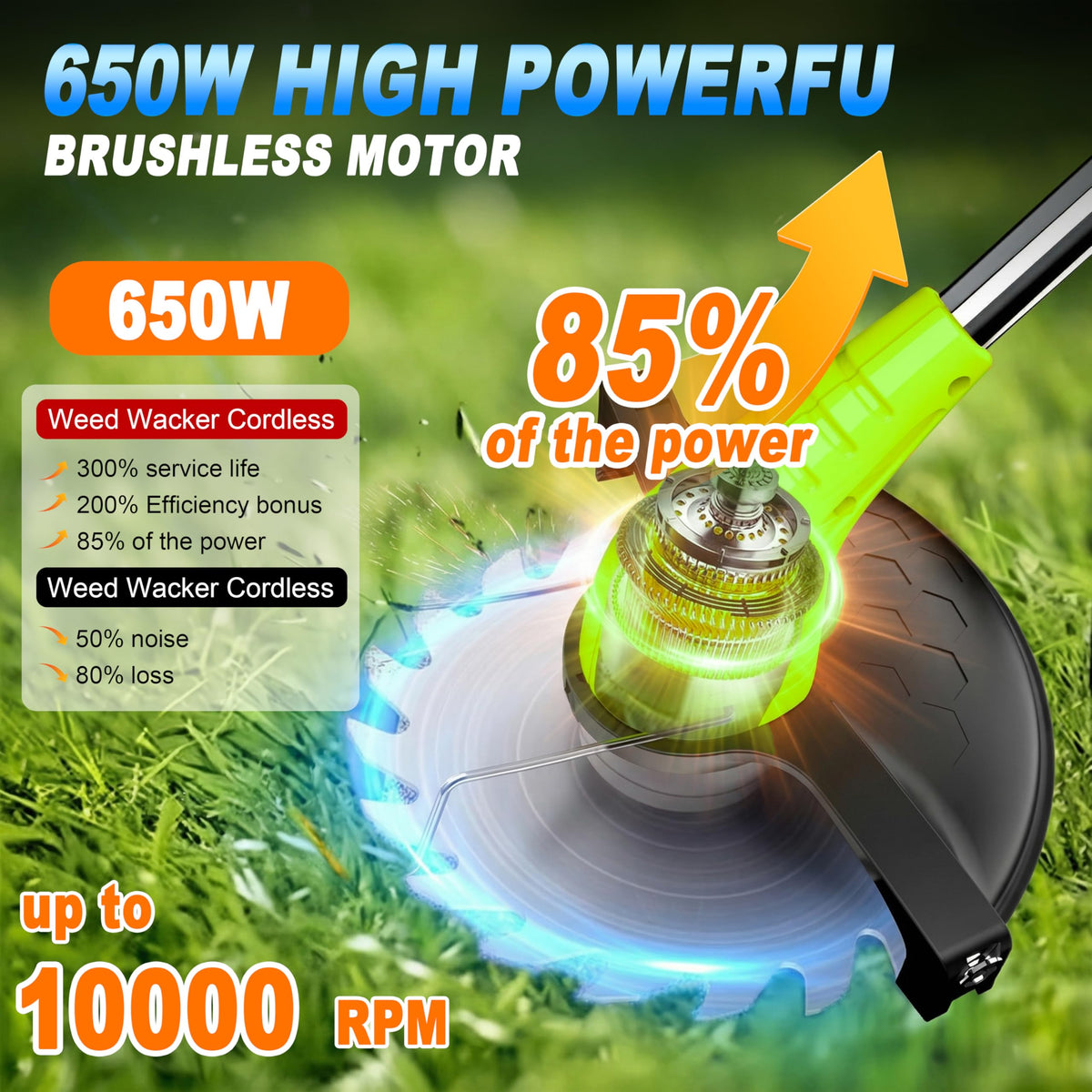 Aokia weed wacker 65-inch pole extended for hard-to-reach edges.