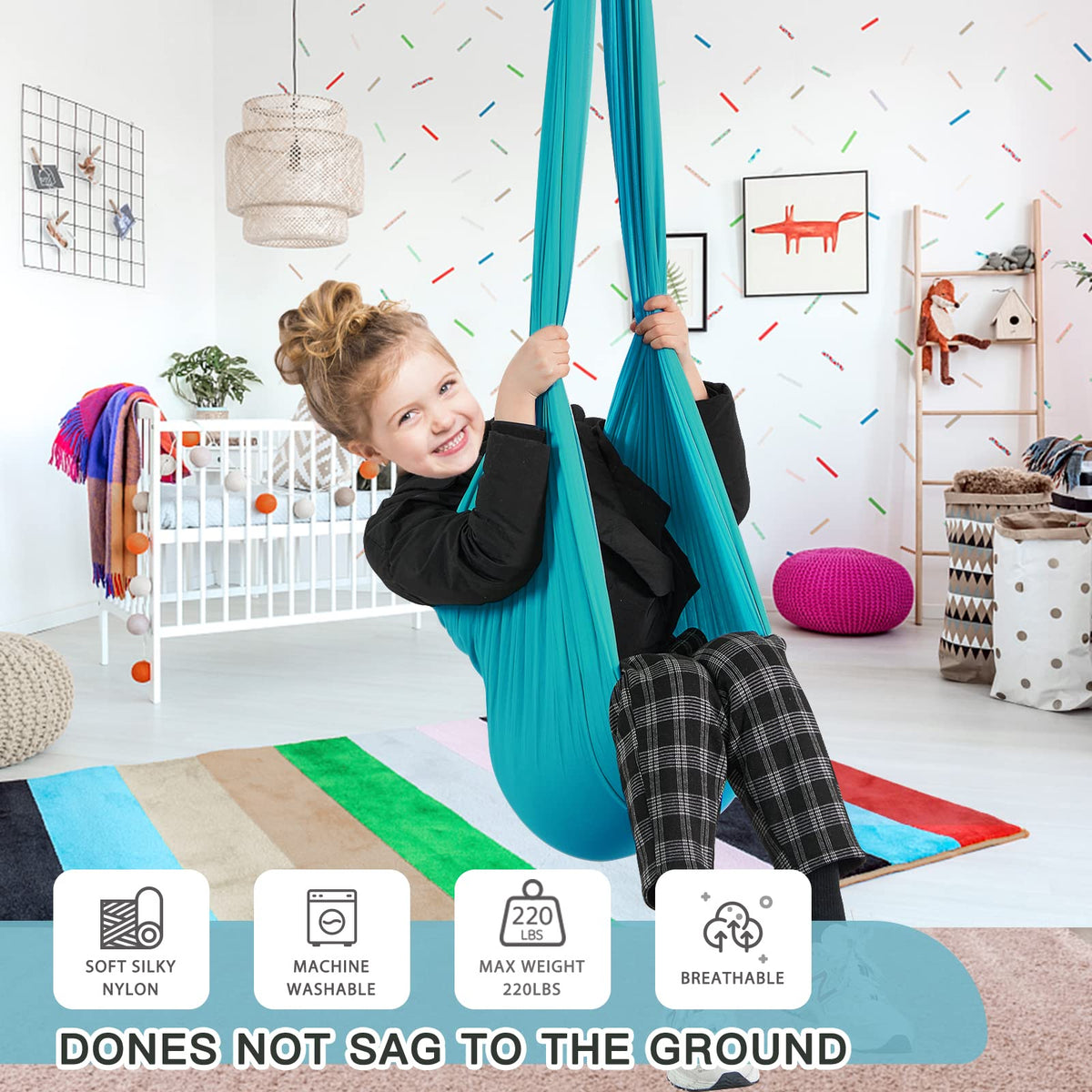Indoor bedroom setup for quiet reading and gentle swinging with Aokitec swing.