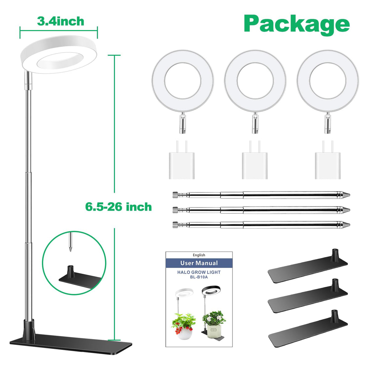 Aokrean Grow Light pack-of-3 supports multiple planters with scalable lighting.
