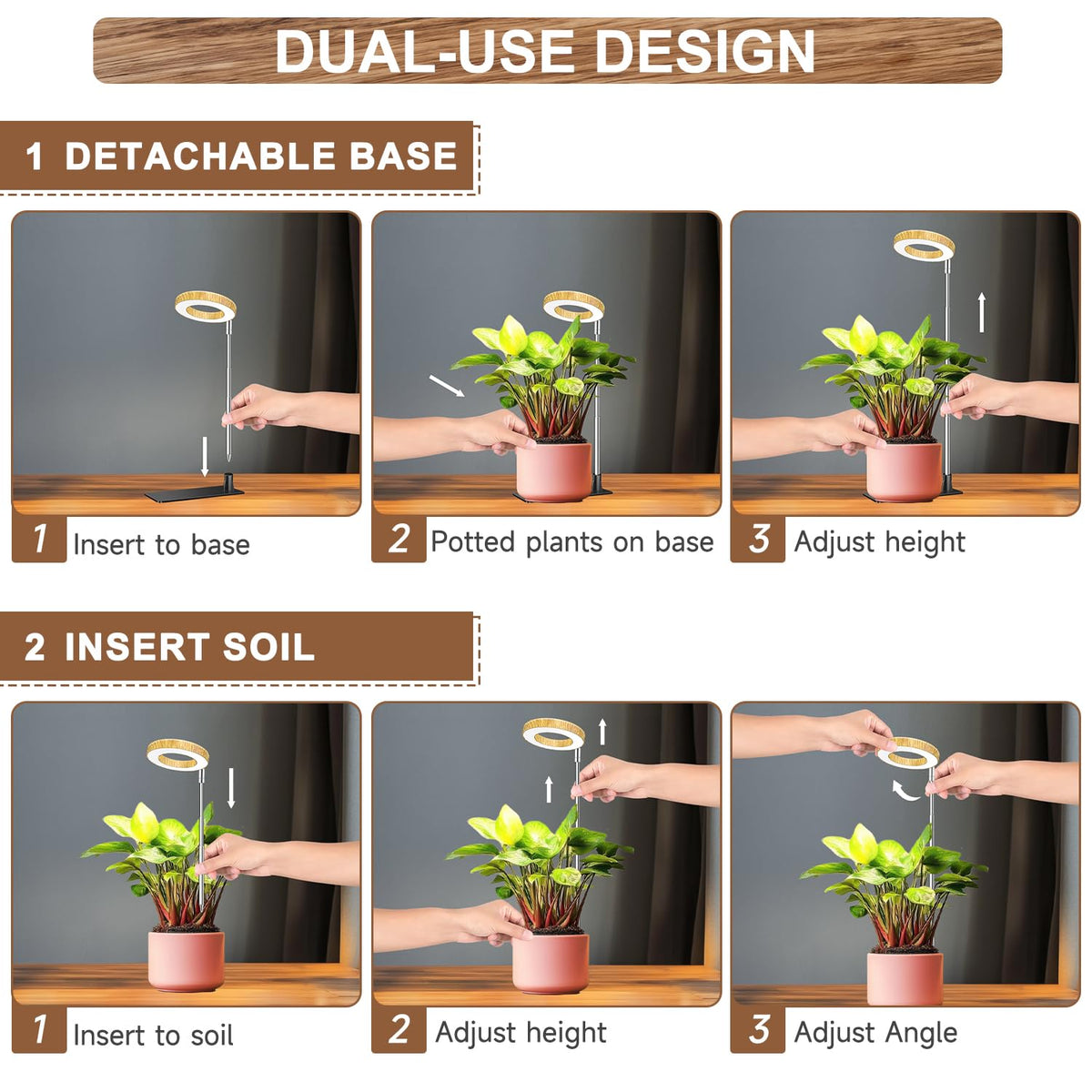 Aokrean Grow Light wood grain base adds stylish flair while powering indoor garden lighting