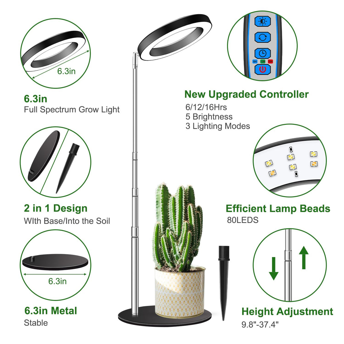 Aokrean Grow Lights height-adjustable pole extends from 9.8 to 37.4 inches